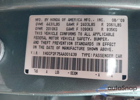 2010 Honda Accord 2.4 Ex z USA, uszkodzony, nr VIN 1HGCP2F75AA001439